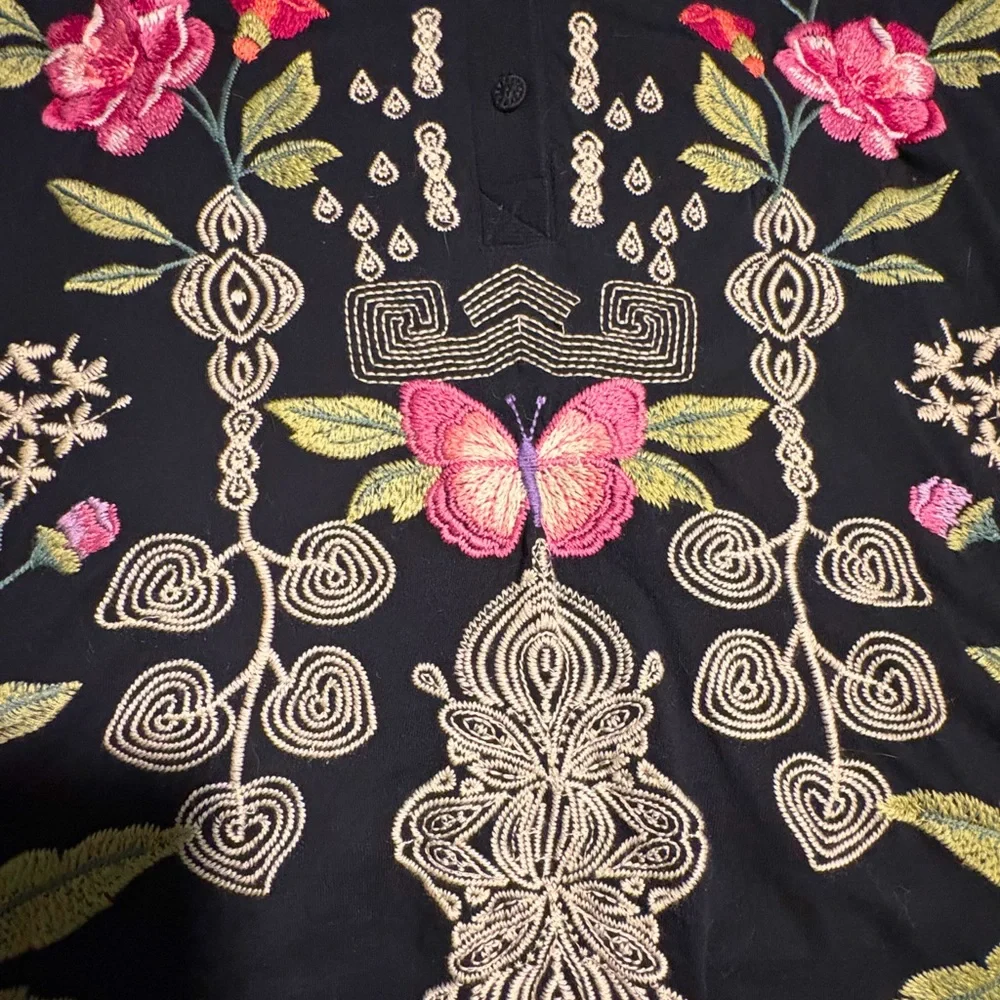 Johnny Was Embroidered Henley Cotton Shirt - L - Picture 4 of 6